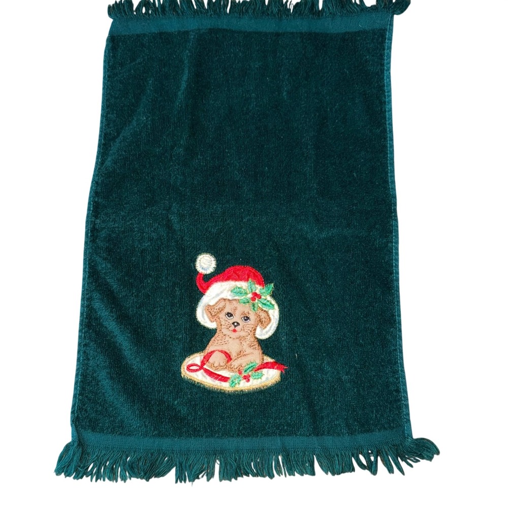 Vintage Christmas Hand‎ Towel Embroidered Puppy Dog Santa Hat Fringed Green Bath